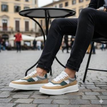 Imagem de Tênis Casual em Couro Legítimo Masculino Confortável Sola Alta-Masculino