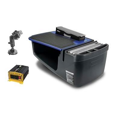 Imagem de AutoExec Mesa de carro Efficiency FileMaster para sua estação de trabalho de veículo e escritório móvel, azul, com inversor de potência de 400 watts e suporte de telefone com sucção
