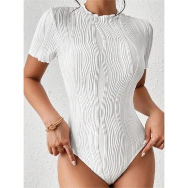 Imagem de Body com gola redonda texturizada sólida, body fino elegante de manga 