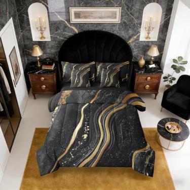 Imagem de Erosebridal Conjunto de edredom de mármore preto e dourado com lençol de solteiro, cama de pedra de mármore em uma bolsa para crianças, meninos e adultos, conjunto de cama com estampa de glitter