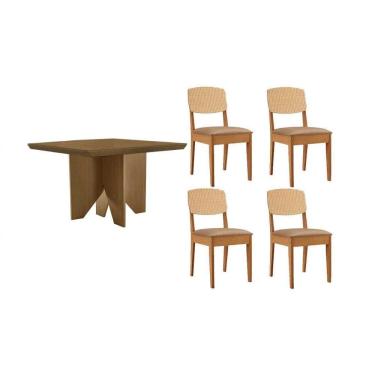 Imagem de Sala Jantar Mesa Nevada Tampo Curvo 90cm+4 Cadeiras Havana Naturale - Linho Bege - Rufato