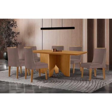 Imagem de Sala Jantar Mesa Nevada Tampo Curvo 180cm+6 Cadeiras Dakota Madeira Naturale - Capuccino/Linho Capuccino - Rufato