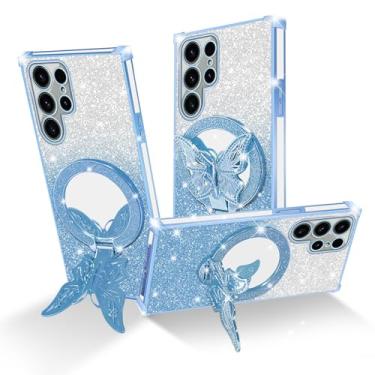 Imagem de Easyscen Capa para celular Samsung Galaxy S23 Ultra (6,8 polegadas), com suporte de borboleta e 4 cantos de airbag protetora, capa protetora à prova de choque de luxo feminina com glitter - azul