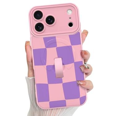 Imagem de KANGHAR Capa compatível com iPhone 17 Pro Max, suporte para MagSafe, estampa fofa xadrez de silicone, suporte de pulseira, proteção para câmera, capa macia e fina para meninas e mulheres - Rosa