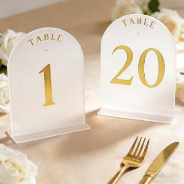 Imagem de Teruntrue Números de mesa de casamento em arco fosco 1-20 com suportes, placas de mesa de acrílico impressas em folha dourada 14 x 18 cm para recepção, aniversário, evento - expositores elegantes de