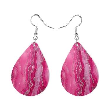 Imagem de Brincos de lágrima de mármore rosa - Brincos femininos com glitter abstrato - Ganchos hipoalergênicos de aço inoxidável - Joias leves de dupla face para moda, presentes e uso diário (ágata rosa)