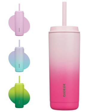 Imagem de BJPKPK Copo isolado com tampa e canudo, copo térmico de aço inoxidável de 590 ml, caneca de café de viagem à prova de derramamento, à prova de vazamento, pode ser lavada na lava-louças, mantém as