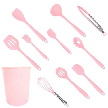 Imagem de Kit com 10 Utensílios de Cozinha + pote de armazenamento: Conjunto de Colheres de Silicone Premium(Rosa)