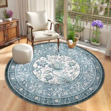 Imagem de GarveeHome Tapete redondo azul enevoado com bosque botânico de 1,8 m, pequeno círculo, vintage, cottagecore, macio, antiderrapante, lavável, para sala de estar, quarto, berçário, cozinha, tapete retrô