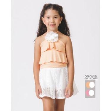 Imagem de Conjunto blusa crepe shorts saia malha verão confortável - Salmão e Rosa - Menina 4 a 14 anos-Feminino