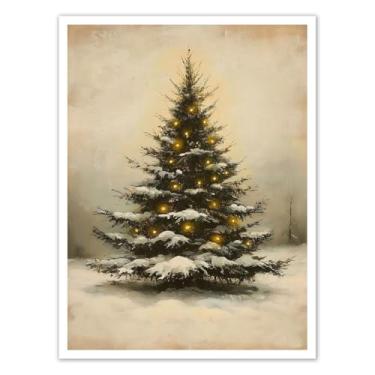Imagem de Annual Ring Decoração de parede em tela de Natal vintage árvore grande na neve fazenda decoração de parede de Natal emoldurado/pôster grande impressões de arte de Natal 30,5 x 40,6 cm