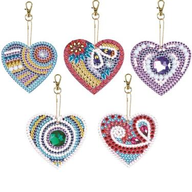 Imagem de LazyFold 5 peças de kits de chaveiros de pintura de arte de diamante para adultos, padrão colorido em forma de coração, pintura de diamante, porta-chaves, porta-chaves, pingente de arte, decoração de