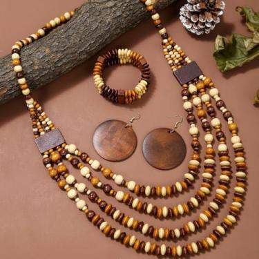 Imagem de Conjuntos de joias para mulheres, estilo boêmio, étnico, multicolorido, multicamadas, contas, colar, pulseira, brincos pendurados, conjunto de joias, presentes, One Size, Madeira, Sem Pedra Preciosa
