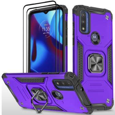 Imagem de HONG-AMY Capa para Moto G Play 2023 com 2 peças de protetor de tela de vidro temperado, grau militar duplo à prova de choque com suporte - roxo