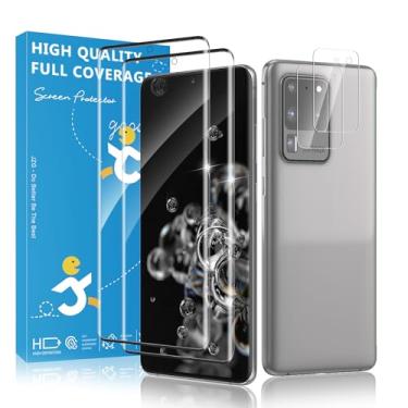 Imagem de JavoYion Pacote com 2 + 2 para Samsung Galaxy S20 Ultra protetor de tela e protetor de câmera, suporte para impressão digital, sem bolhas, compatível com capas, vidro transparente de dureza 9H para
