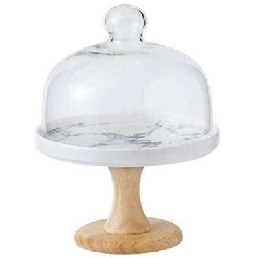 Imagem de Suporte de bolo cúpula com tampa, suporte de bolo, sobremesa plana de cerâmica com bandeja de pó de vidro sanduíche de festa básica de madeira, bandeja de servidor de sobremesa (tamanho: 19,519,525 cm