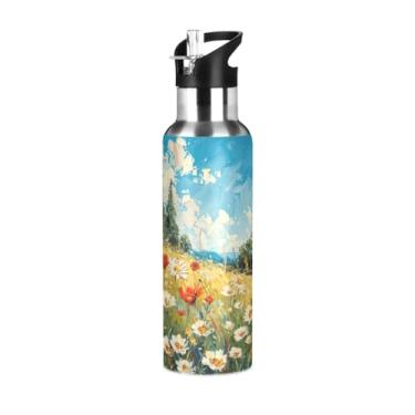 Imagem de Wassud Garrafa de água brilhante flor de aço inoxidável esportiva com canudo garrafas de água isoladas copo portátil de viagem 623 g