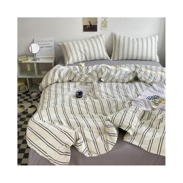 Imagem de Conjunto de edredom listrado com 2 fronhas e lençol de cama para todas as estações (branco, Queen, 4 peças 200 x 230 cm)