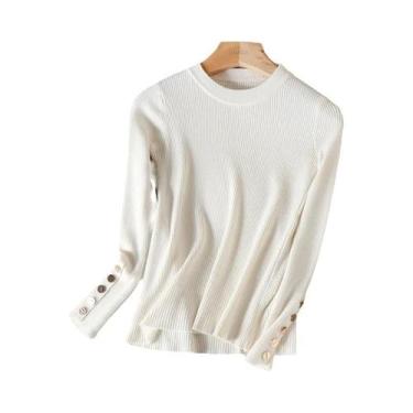 Imagem de Suéter Feminino De Tricô Com Botões, Gola O, Manga Longa, Ajuste Slim,