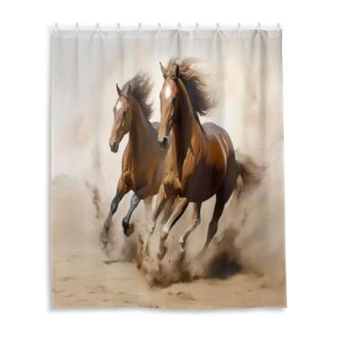Imagem de Wassud Cortinas de chuveiro com dois cavalos galopantes, cortina de chuveiro à prova d'água para decoração de banheiro, conjunto de cortina de chuveiro com 12 ganchos 152 x 182 cm