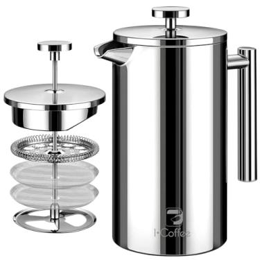 Imagem de Prensa francesa, Cafeteira Francesa de Aço Inoxidável, Prensas Francesas para Café com Isolamento de Parede Dupla Aprimoradas, Adequadas para Cozinha e Acampamento, 4 Filtros Adicionais