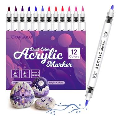 Imagem de CHARSOCO Canetas de tinta acrílica de tons roxos, conjunto de marcadores de 12 cores com pincel macio e ponta de bala, para pedra, pintura, madeira, vidro, cerâmica, tela, pedra, artesanato DIY