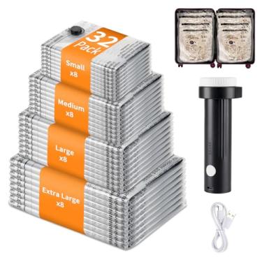 Imagem de Pacote com 32 sacos de armazenamento a vácuo com bomba elétrica (8 pequenos, 8 médios, 8 grandes, 8 extra grandes) para malas de roupas e mochilas, economizando espaço para roupas e viagens de roupas