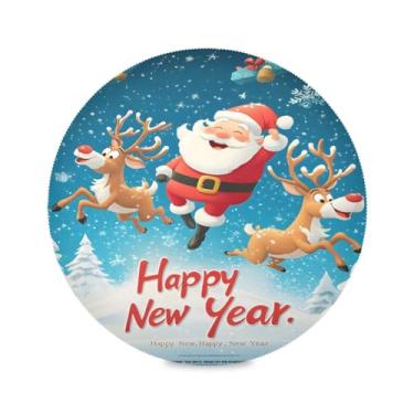 Imagem de STAYTOP Jogo americano redondo de Papai Noel e rena pulando na neve, 6 peças, tapetes de mesa antiderrapantes fáceis de limpar para decoração de mesa de festa