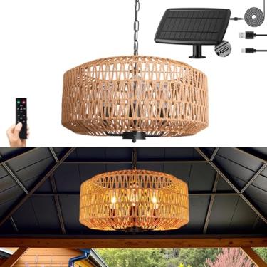 Imagem de ALL FORTUNE Lustre solar ao ar livre, lustre externo de vime de 4 luzes de 50,8 cm, luzes pendentes impermeáveis penduradas, para gazebo, varanda, pátio, pérgola