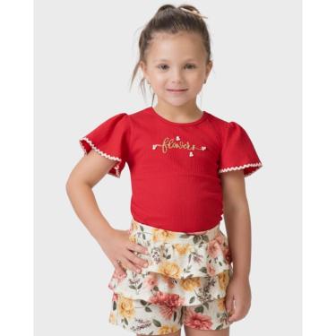 Imagem de Conjunto blusa siganinha shorts saia flores verão delicado - Rosa e Vermelho - Menina 1 a 4 anos-Feminino