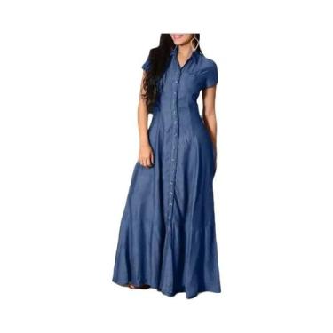 Imagem de Vestido Longo Jeans Casual Elegante 2023 Com Bolso No Pescoço E Abotoa