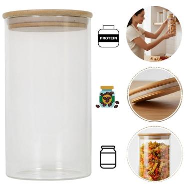 Imagem de Pote Hermético Vidro Tampa Bambu Mantimentos Cozinha 1100ml