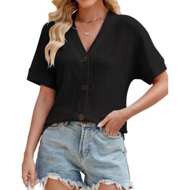 Imagem de Camisa SimpleFun Black Waffle Knit de manga curta para mulheres S