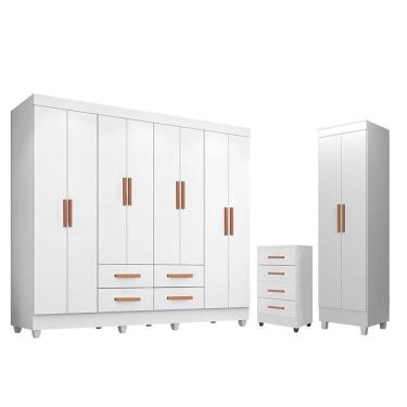 Imagem de Guarda Roupa Casal Porto 8 Portas Com Cômoda 4 Gavetas E Armário Multiuso Lite Branco Brilho - Leão