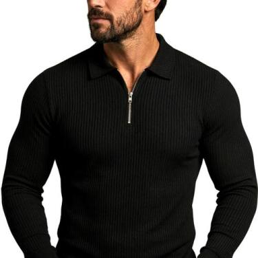 Imagem de Camiseta Polo Masculina Canelada Manga Longa com Zíper - LevelUp Store