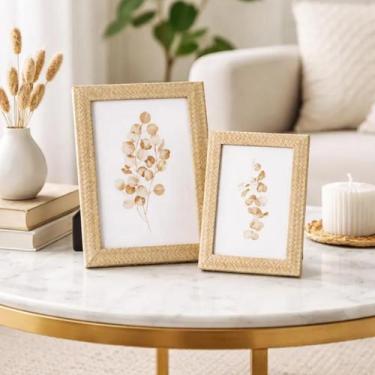 Imagem de 2 PORTA RETRATO MOLDURA RESINA VIDRO FOTO 10X15 15X21 DECORA cor:bege 