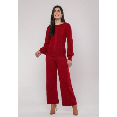 Imagem de Calça De Tricot Em Fio Botonê Wide Leg Vermelho Salvatore, Vermelho, ú