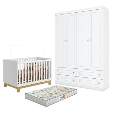 Imagem de Kit Berço Americano Mini Cama Q Encanto Slim MDP com Colchão Incluso Branco Acetinado Qmovi