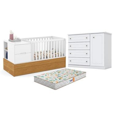 Imagem de Kit Berço Multifuncional Americano Formare MDF Colchão Incluso Branco Freijó com Cômoda Matic Móveis