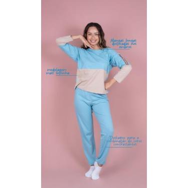 Imagem de Pijama Longo Feminino Adulto Algodão - Oficina do Pijama, Azul, M