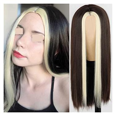 Imagem de Perucas femininas longas e lisas, peruca sintética azul claro para mulheres, peruca mista preta e loira, parte média, cabelo natural, perucas de cabelo humano (cor: 13*, comprimento esticado: 66 cm)