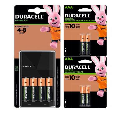 Imagem de Carregador de Pilhas Duracell com 4 Pilhas Aa Recarregáveis 2500mAh mais 4 Pilhas Aaa 900mAh Palito Bivolt Preto Inmetro