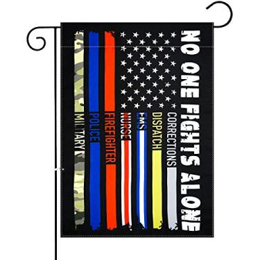 Imagem de XIFAN No One Fights Alone Bandeira de jardim dos EUA Primeiros Responders Linha Fina Vertical Dupla Face 30 x 45 cm Decoração ao ar livre