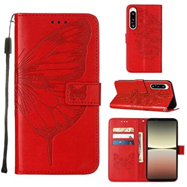 Imagem de Capas de telefone borboleta em relevo Sony Xperia 5 IV capa de couro com slots para cartão impressos clipe de carteira negócios à prova de choque capa de telefone Sony Xperia 5 IV capas (vermelho, Sony Xperia 5 IV)