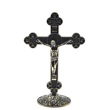 Imagem de Crucifixo de Mesa Metal Medalha de São Bento Ouro Velho 13 cm