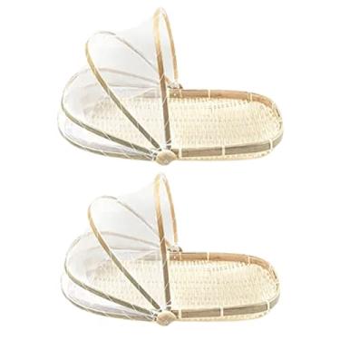 Imagem de Conjunto 2 Cestos Porta Pão Bolo Bambu Cobertura Retrátil Retangular Artesanal 42 x 27 x 5cm