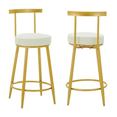 Imagem de Cadeiras de jantar cadeiras de sala de jantar bancos de bar de couro PU conjunto de 2 bancos de bar brancos de café da manhã bancos de bar de jantar cadeiras de bar de altura fixa com moldura de metal e apoio para os pés Tudo está bem