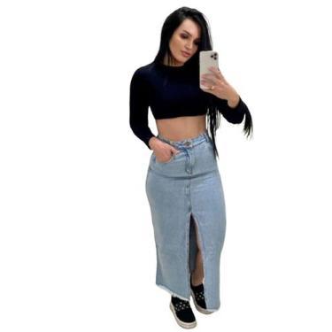 Saia Jeans Midi com Botões e Babados - Sisal Jeans