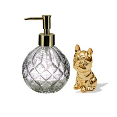 Imagem de Kit Lavabo Porta Sabonete Líquido Vidro Vitral e Mini Buldogue Cerâmica Dourado
