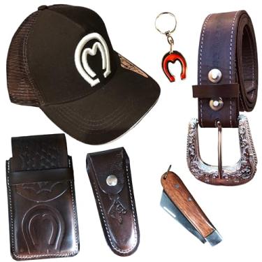 Imagem de Kit Cinto Couro Capa De Celular Boné Bainha+ Canivete Oferta (marrom)